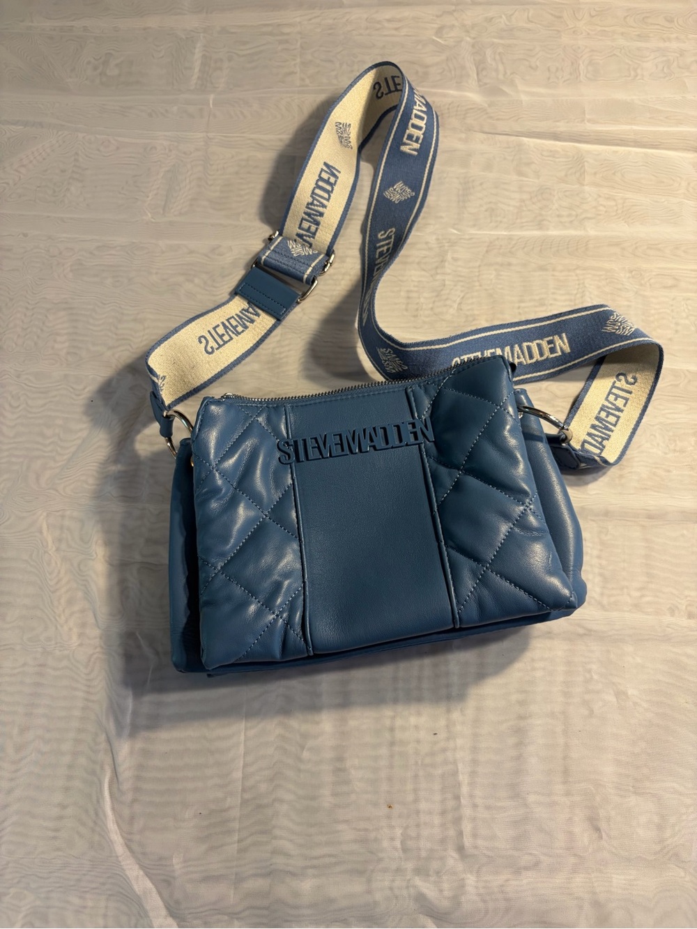 Steve Madden Denim Blue Quilted Crossbody with Branded Strap